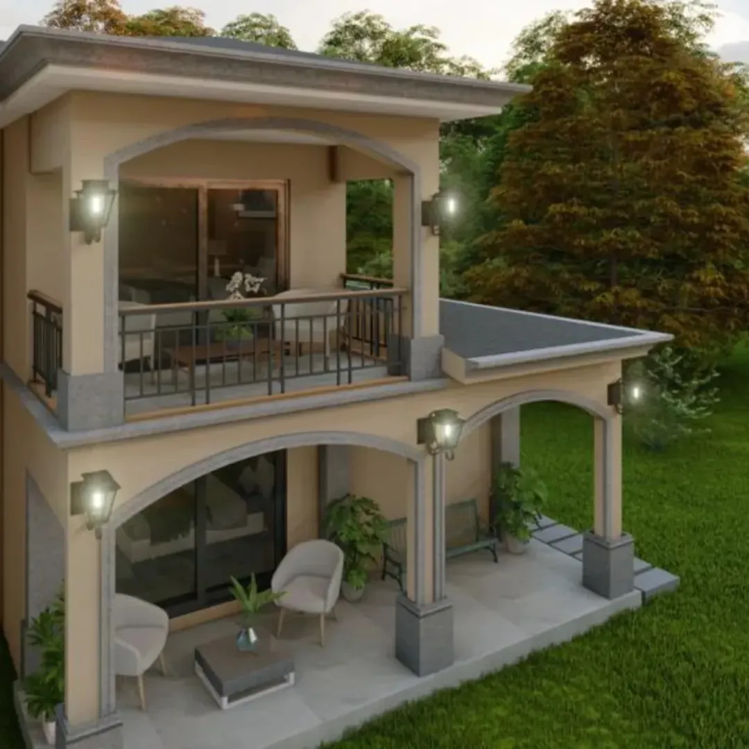 Render 3D de una casa moderna de dos plantas recién remodelada.
